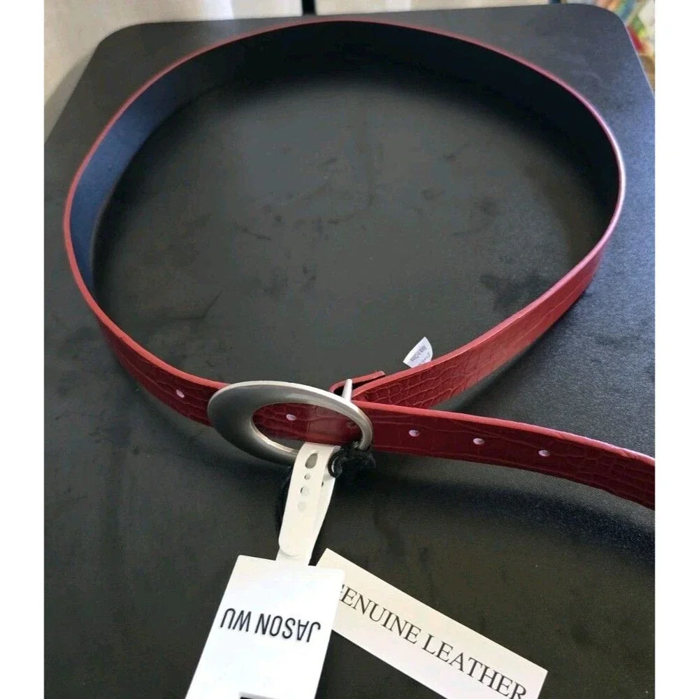 NWT Jason Wu Red Croc Embossed Genuine Leather Belt, Size L Silver Oval Buckle
